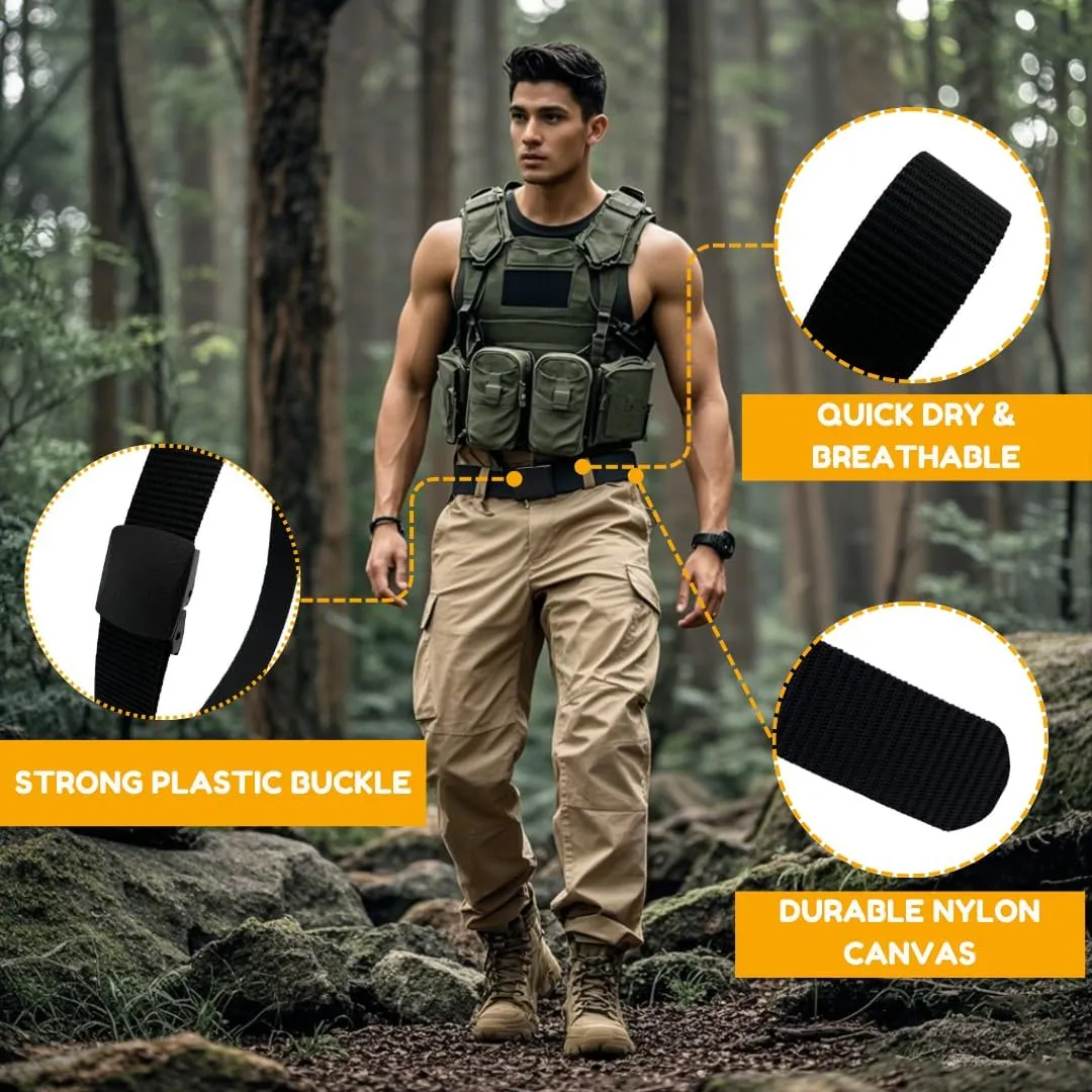 1/2 Pack Nylon Belts for Men Military Tactical Slide Plastic Buckle Belt Adjustable No Holes Canvas Web Belt Outdoor