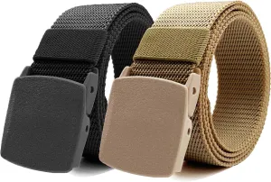 1/2 Pack Nylon Belts for Men Military Tactical Slide Plastic Buckle Belt Adjustable No Holes Canvas Web Belt Outdoor