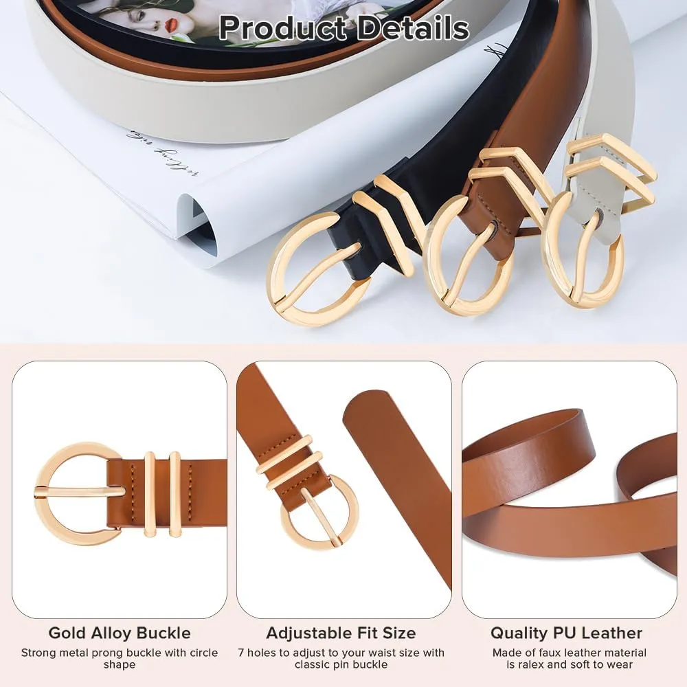 3 Pack Women Leather Belt for Jeans Pants Dresses Fashion Ladies Waist Belts with Gold Buckle