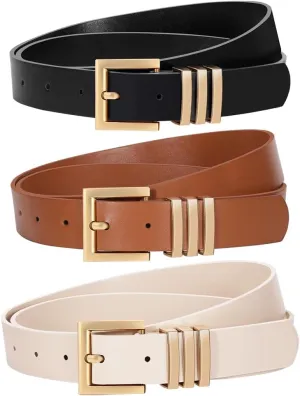 3 Pack Women Leather Belt for Jeans Pants Dresses Fashion Ladies Waist Belts with Gold Buckle