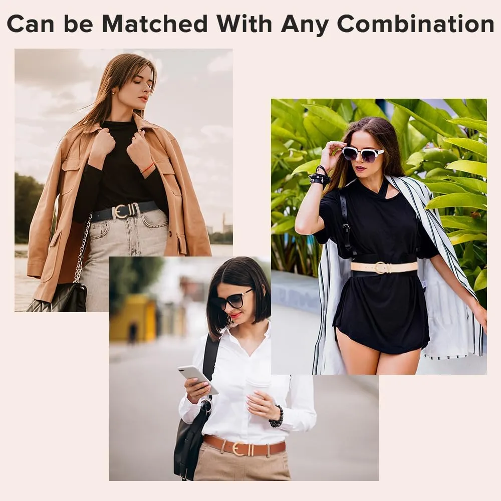 3 Pack Women Leather Belt for Jeans Pants Dresses Fashion Ladies Waist Belts with Gold Buckle