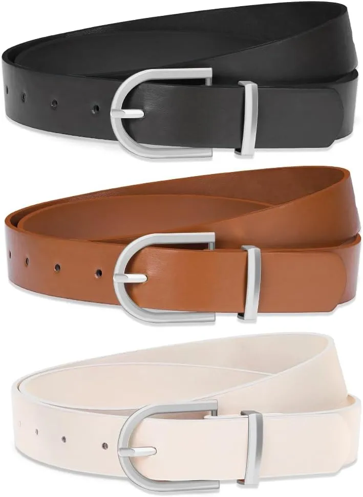 3 Pack Women Leather Belt for Jeans Pants Dresses Fashion Ladies Waist Belts with Gold Buckle