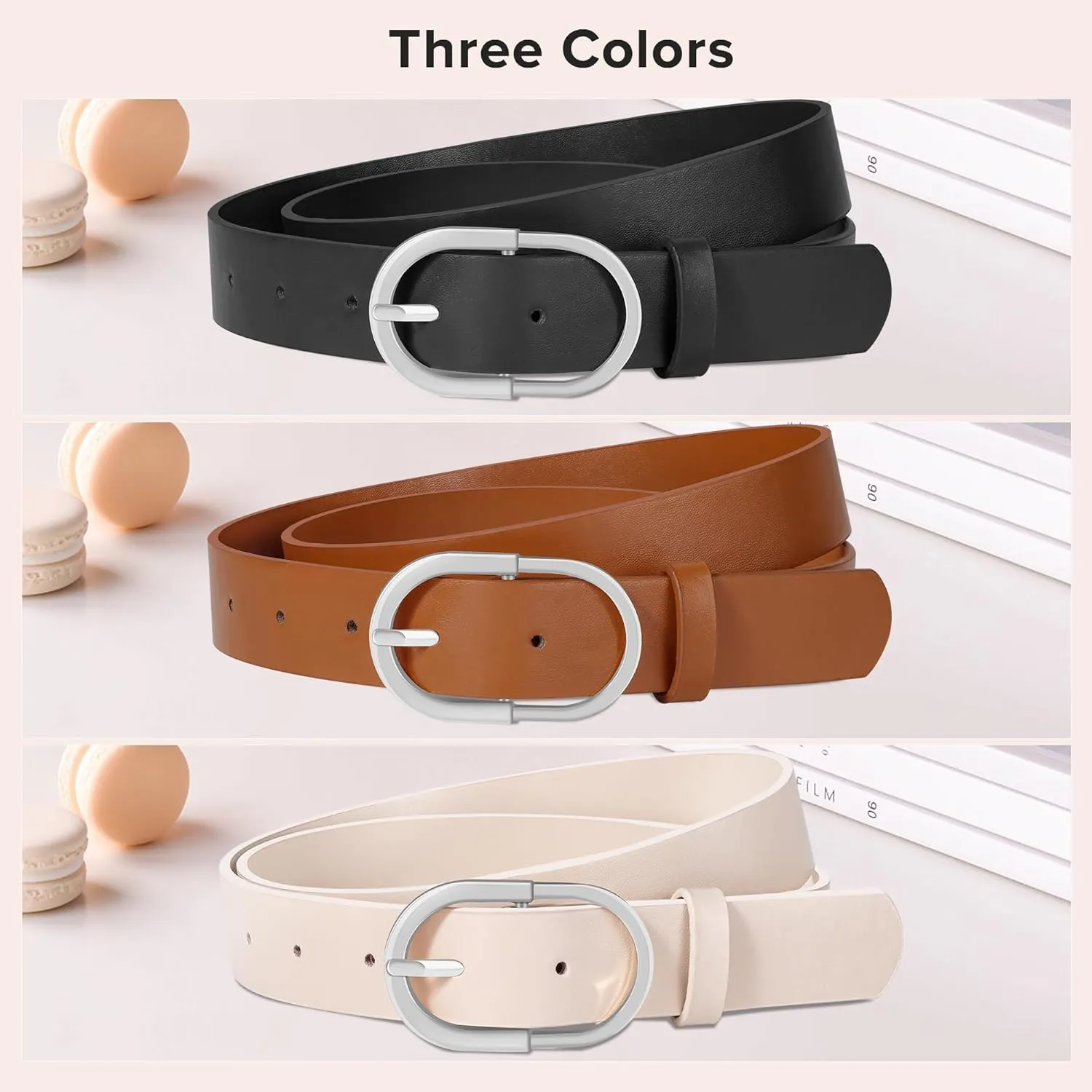 3 Pack Women Leather Belt for Jeans Pants Dresses Fashion Ladies Waist Belts with Gold Buckle