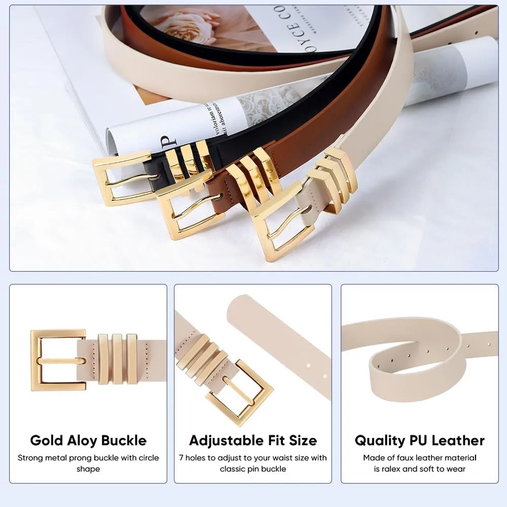 3 Pack Women Leather Belt for Jeans Pants Dresses Fashion Ladies Waist Belts with Gold Buckle