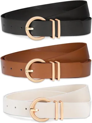 3 Pack Women Leather Belt for Jeans Pants Dresses Fashion Ladies Waist Belts with Gold Buckle