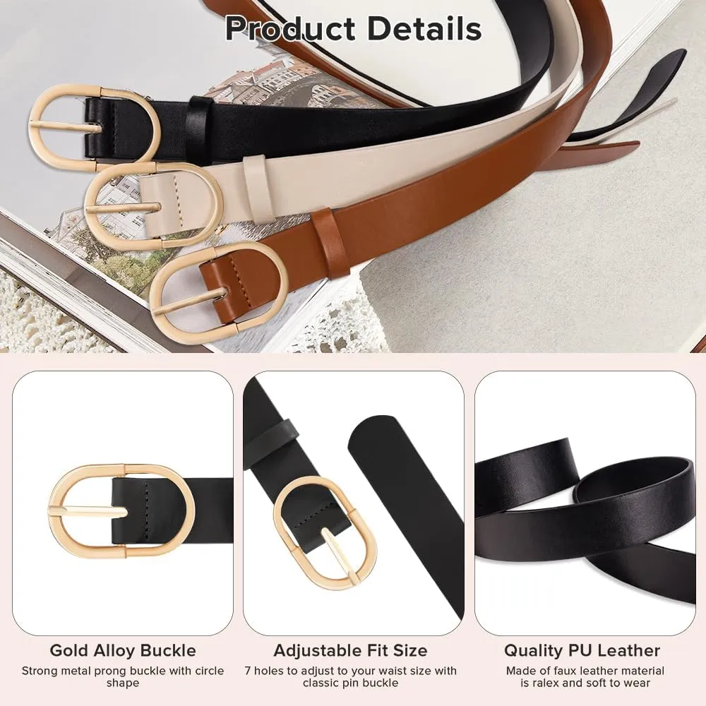 3 Pack Women Leather Belt for Jeans Pants Dresses Fashion Ladies Waist Belts with Gold Buckle