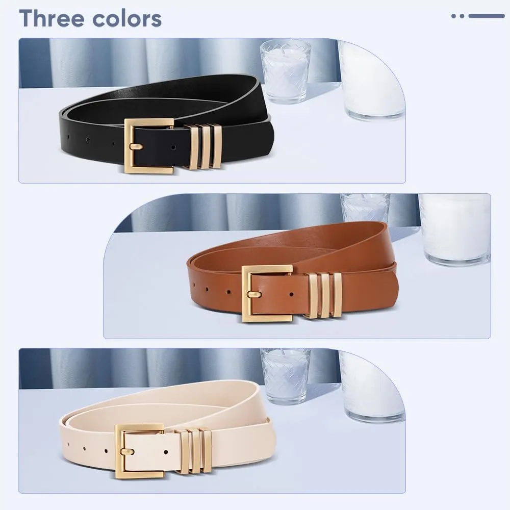 3 Pack Women Leather Belt for Jeans Pants Dresses Fashion Ladies Waist Belts with Gold Buckle