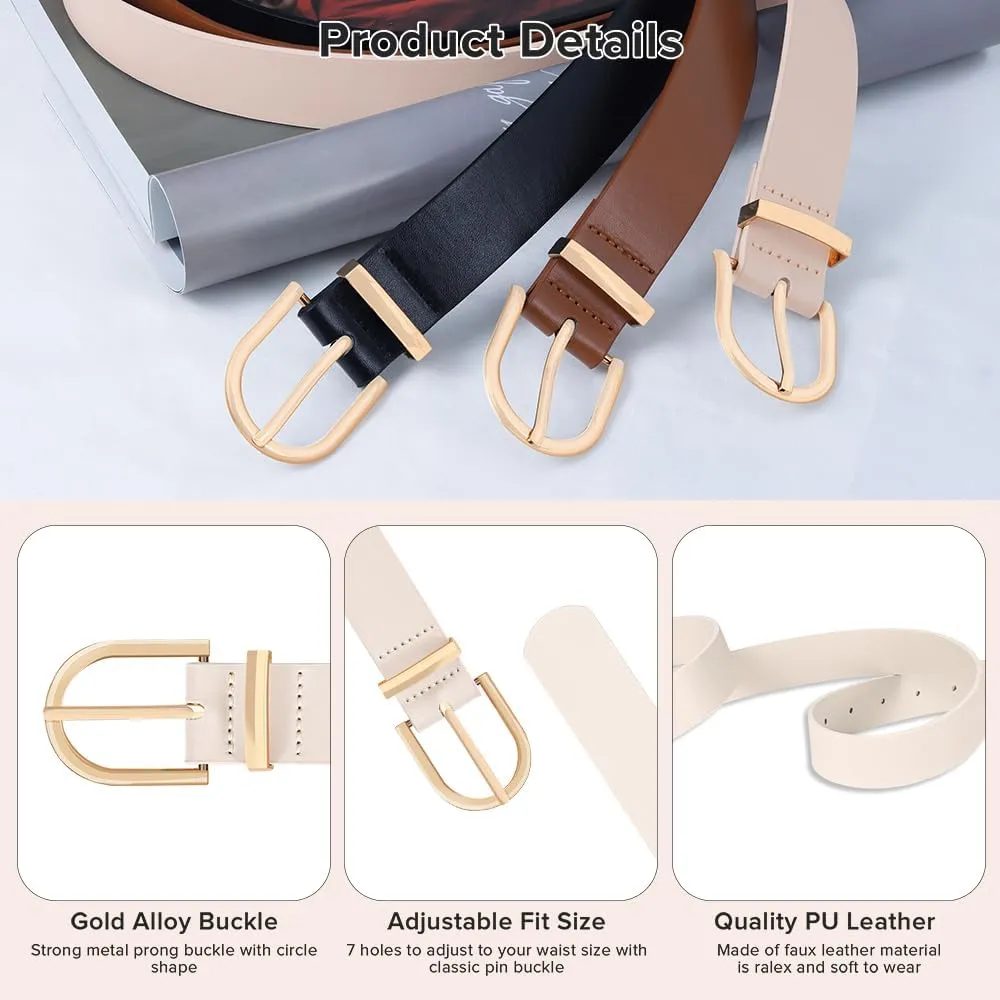 3 Pack Women Leather Belt for Jeans Pants Dresses Fashion Ladies Waist Belts with Gold Buckle