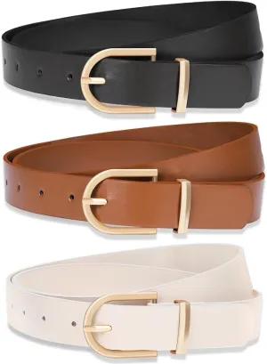 3 Pack Women Leather Belt for Jeans Pants Dresses Fashion Ladies Waist Belts with Gold Buckle