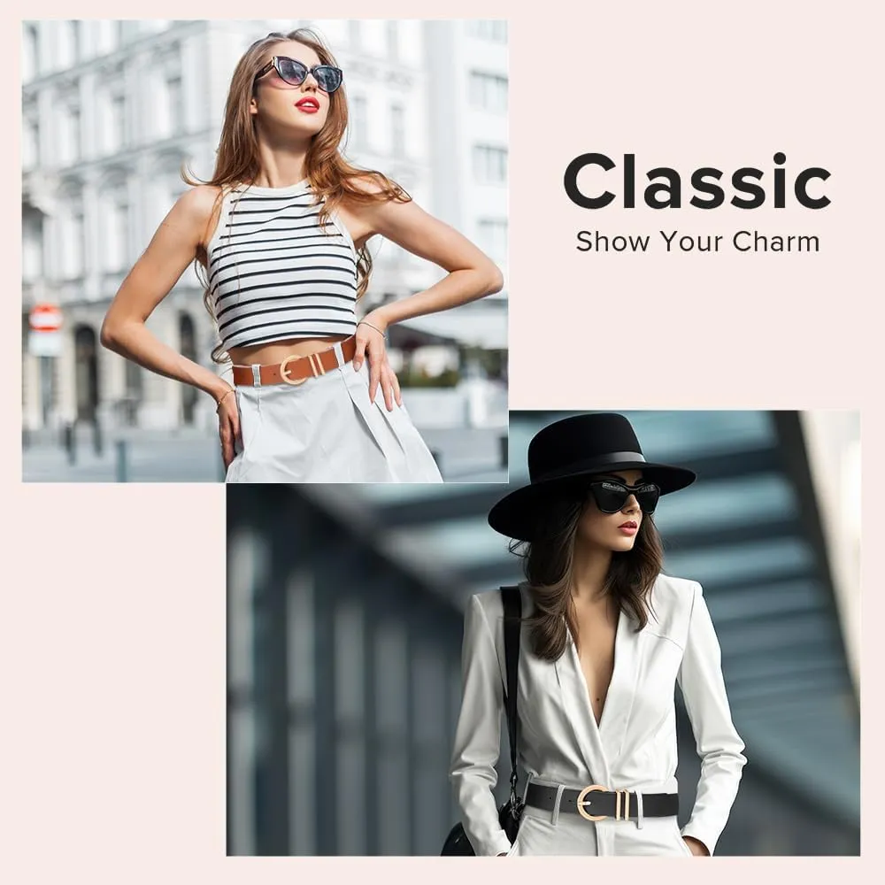 3 Pack Women Leather Belt for Jeans Pants Dresses Fashion Ladies Waist Belts with Gold Buckle