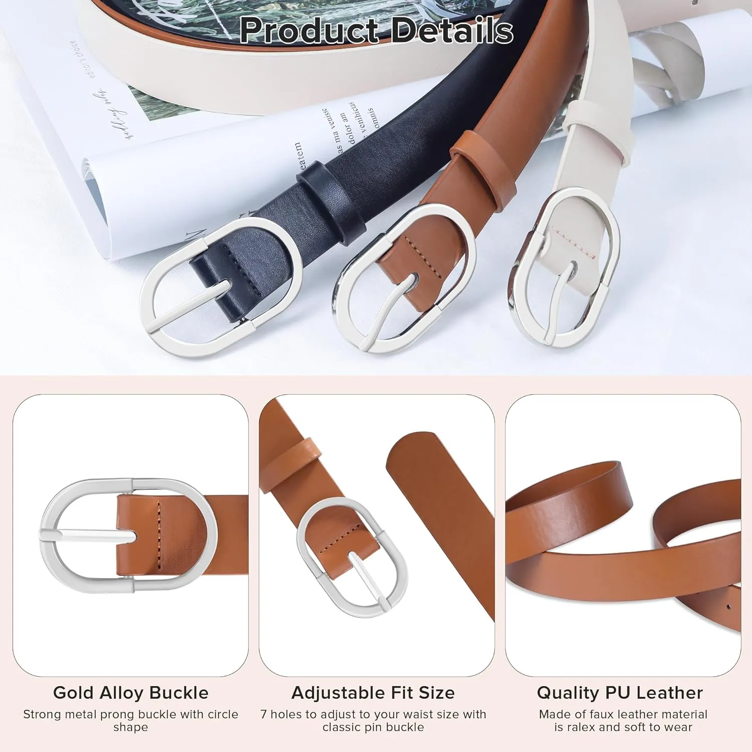 3 Pack Women Leather Belt for Jeans Pants Dresses Fashion Ladies Waist Belts with Gold Buckle