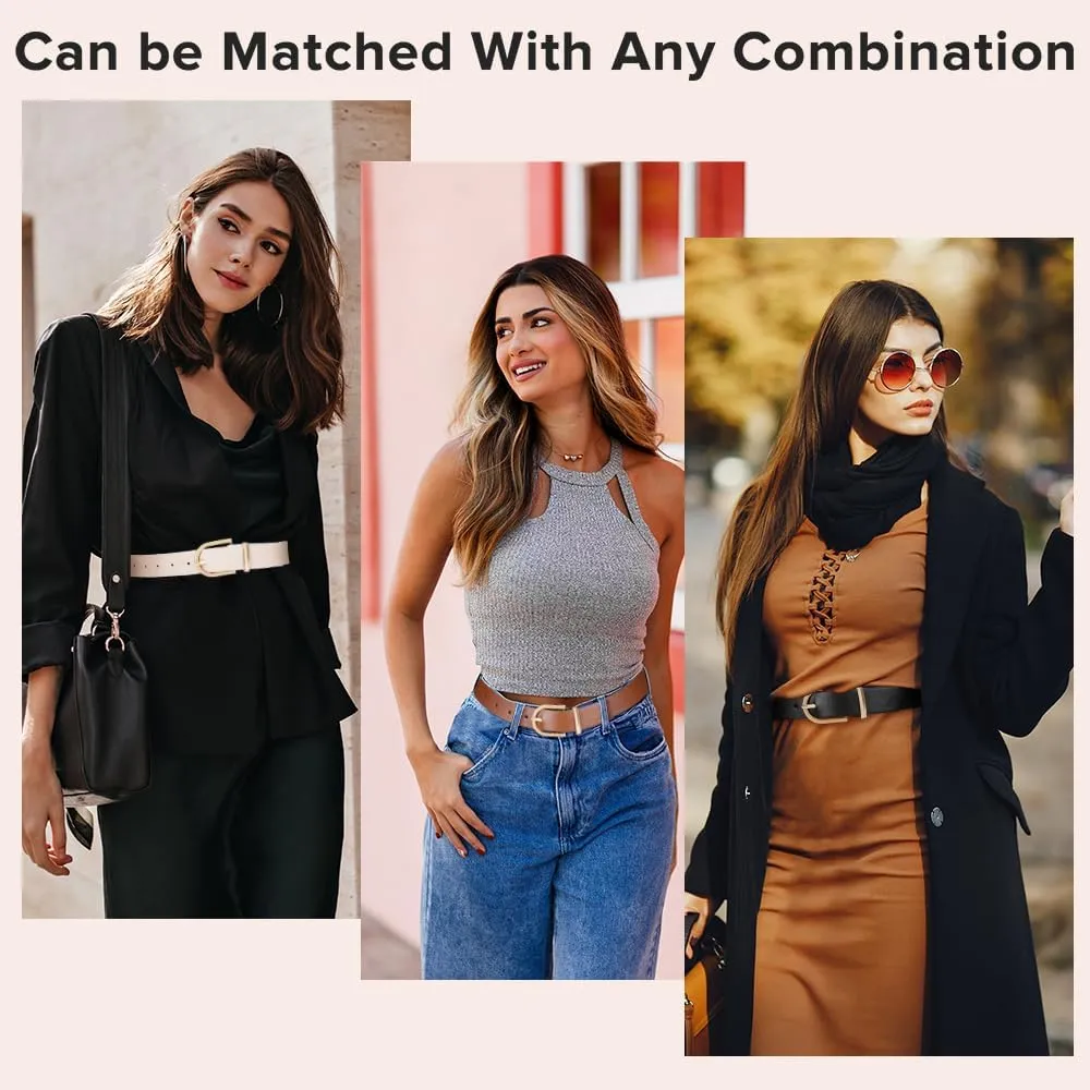 3 Pack Women Leather Belt for Jeans Pants Dresses Fashion Ladies Waist Belts with Gold Buckle