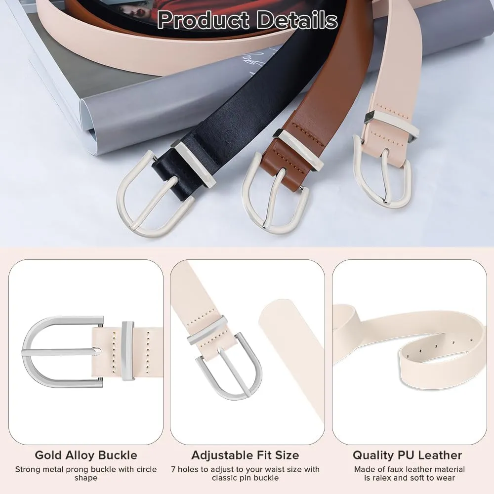 3 Pack Women Leather Belt for Jeans Pants Dresses Fashion Ladies Waist Belts with Gold Buckle