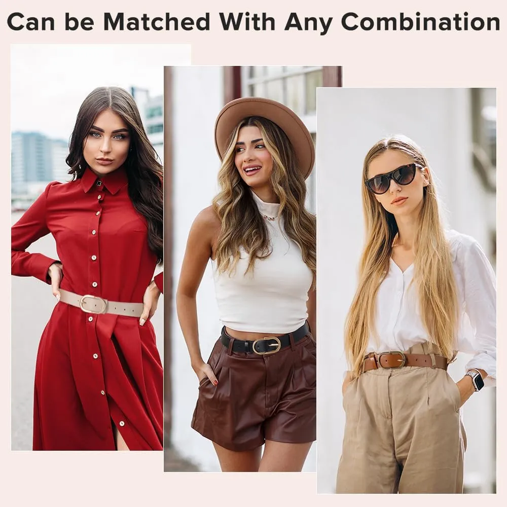 3 Pack Women Leather Belt for Jeans Pants Dresses Fashion Ladies Waist Belts with Gold Buckle