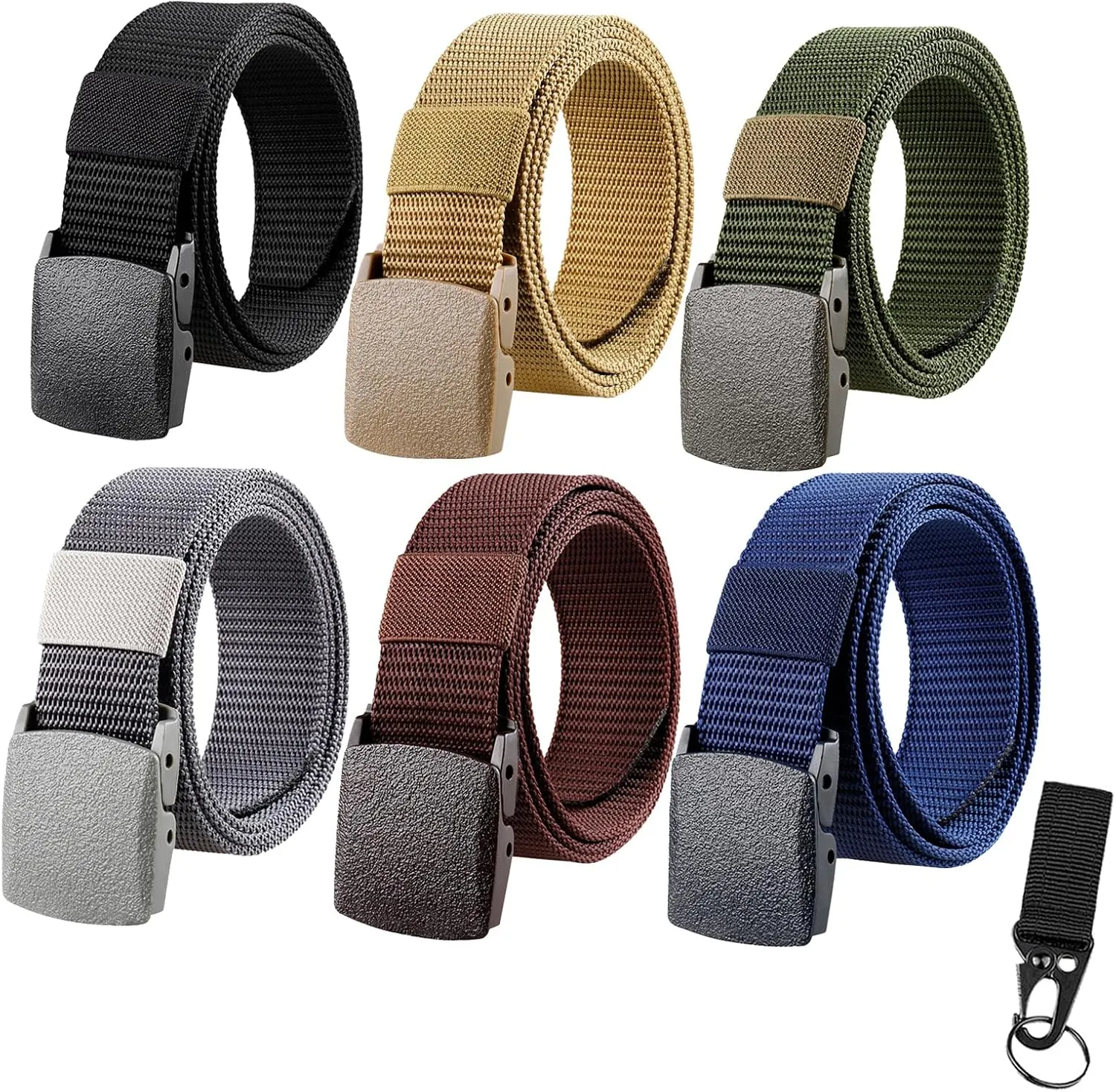 6 Pack Nylon Belts for Men Women Tactical Work Plastic Buckle Metal Free Casual Hiking