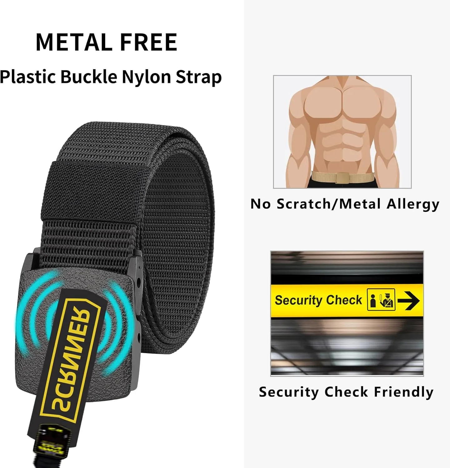 6 Pack Nylon Belts for Men Women Tactical Work Plastic Buckle Metal Free Casual Hiking