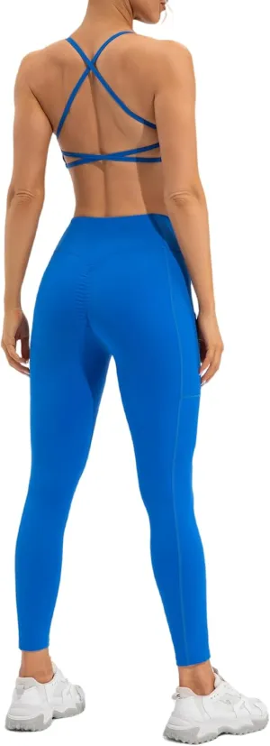 ABOCIW Workout Sets for Women Scoop Neck Cross Back Sport Bra Crossover High Waist Leggings with Pockets Scrunch Butt Lifting Yoga Pant Gym Yoga 2 Piece Outfits Blue X-Large