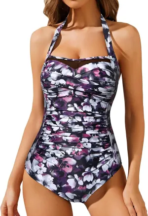 Aqua Eve Women Tummy Control Bathing Suits Halter One Piece Swinsuits Ruched Mesh Vintage Swimwear