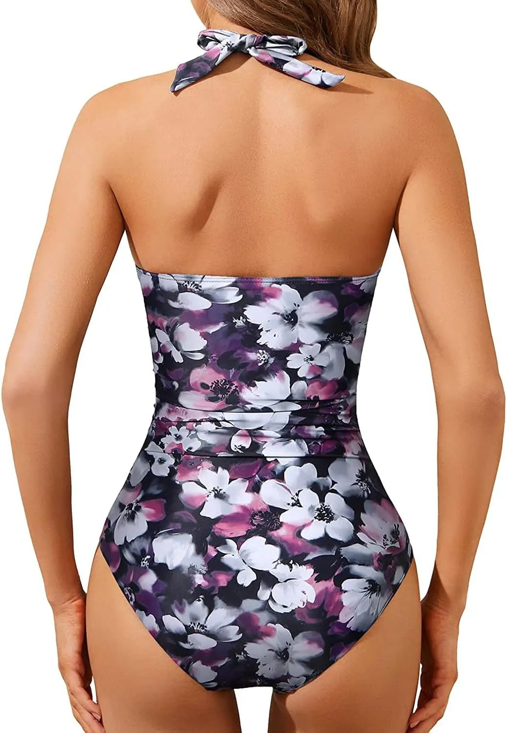 Aqua Eve Women Tummy Control Bathing Suits Halter One Piece Swinsuits Ruched Mesh Vintage Swimwear