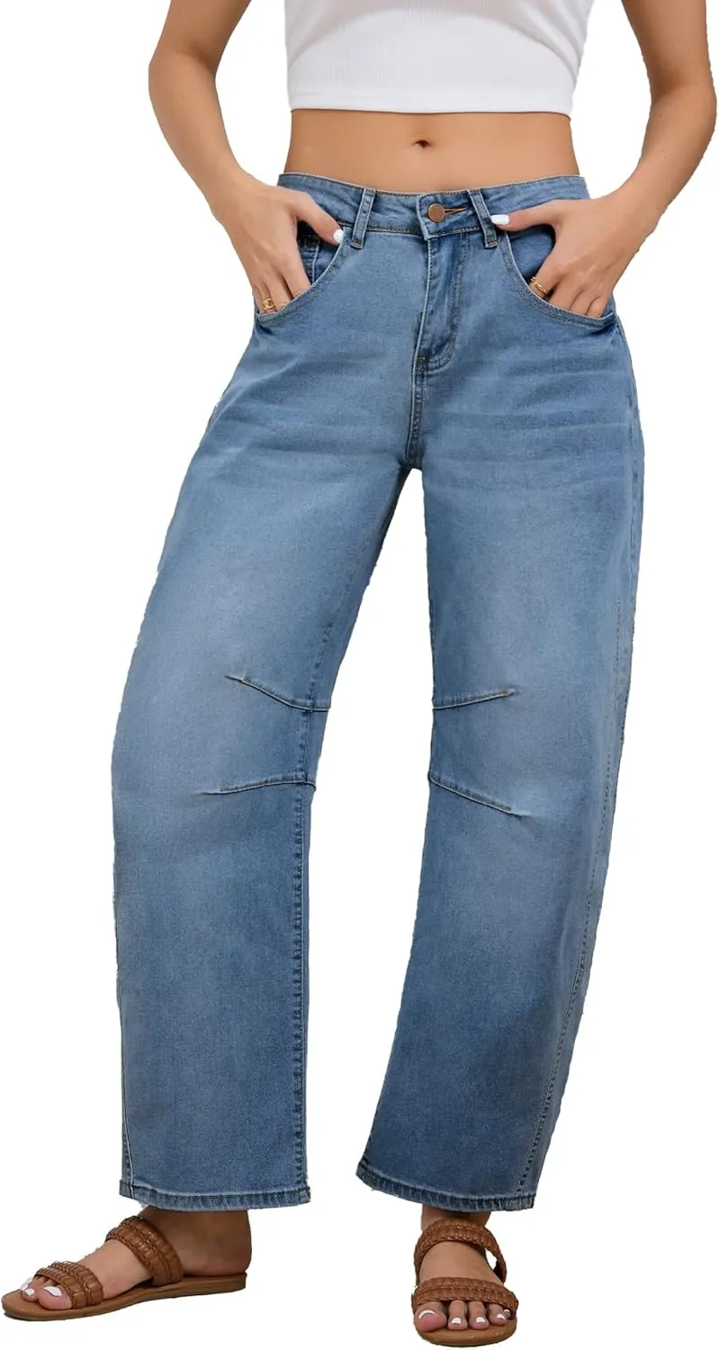 Barrel Jeans for Women Wide Leg Denim Pants Y2k Baggy Boyfriend Jeans with Pockets
