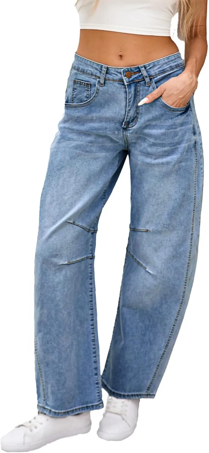 Barrel Jeans for Women Wide Leg Denim Pants Y2k Baggy Boyfriend Jeans with Pockets