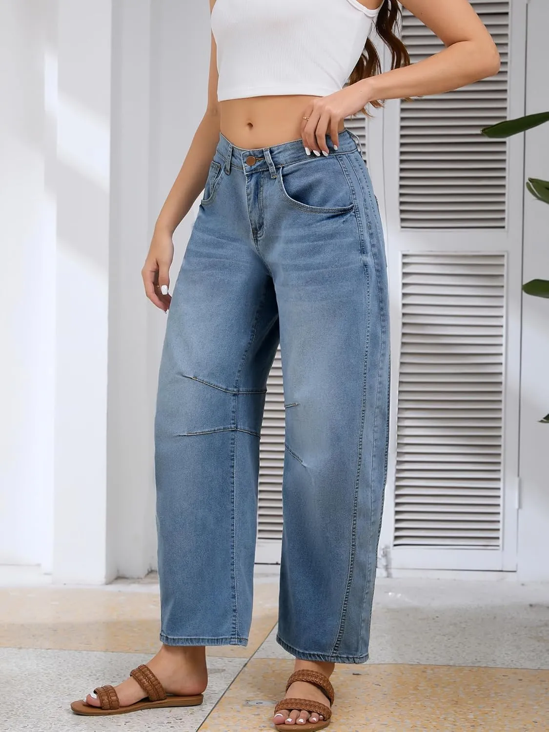 Barrel Jeans for Women Wide Leg Denim Pants Y2k Baggy Boyfriend Jeans with Pockets