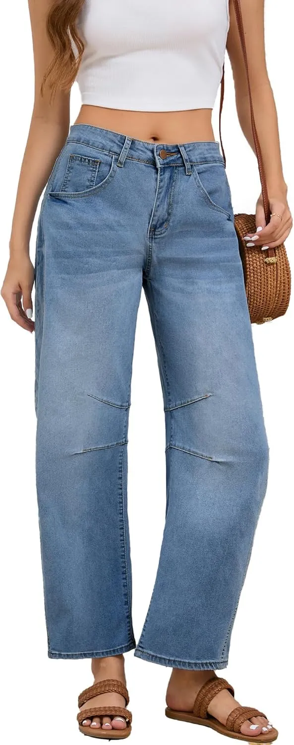 Barrel Jeans for Women Wide Leg Denim Pants Y2k Baggy Boyfriend Jeans with Pockets