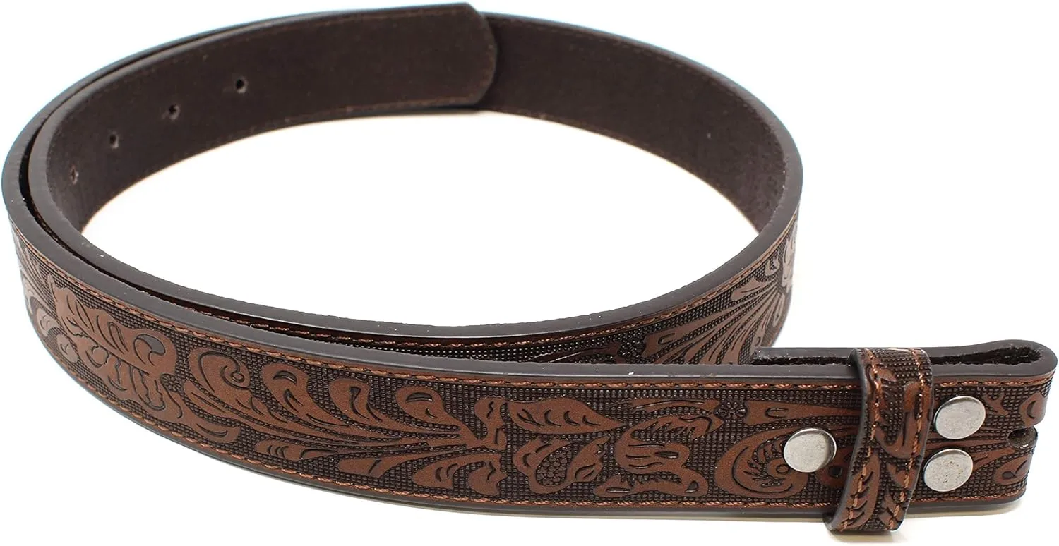 BC Belts Womens Leather Belt Strap with Embossed Western Scrollwork 1.25" Wide with Snaps