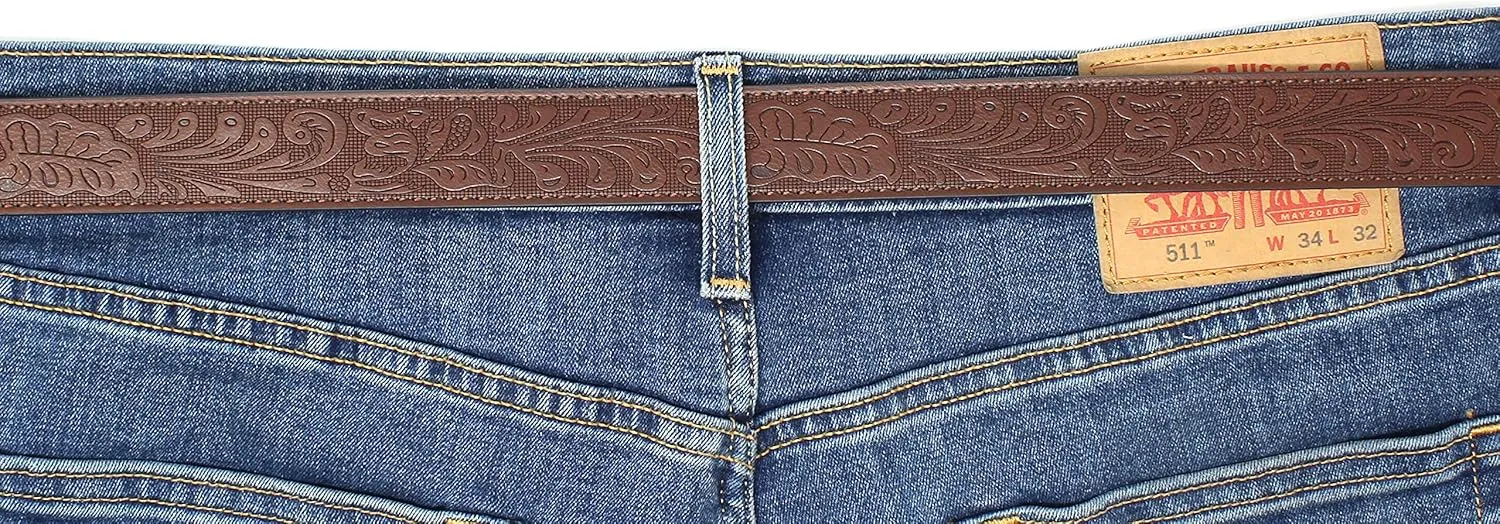 BC Belts Womens Leather Belt Strap with Embossed Western Scrollwork 1.25" Wide with Snaps