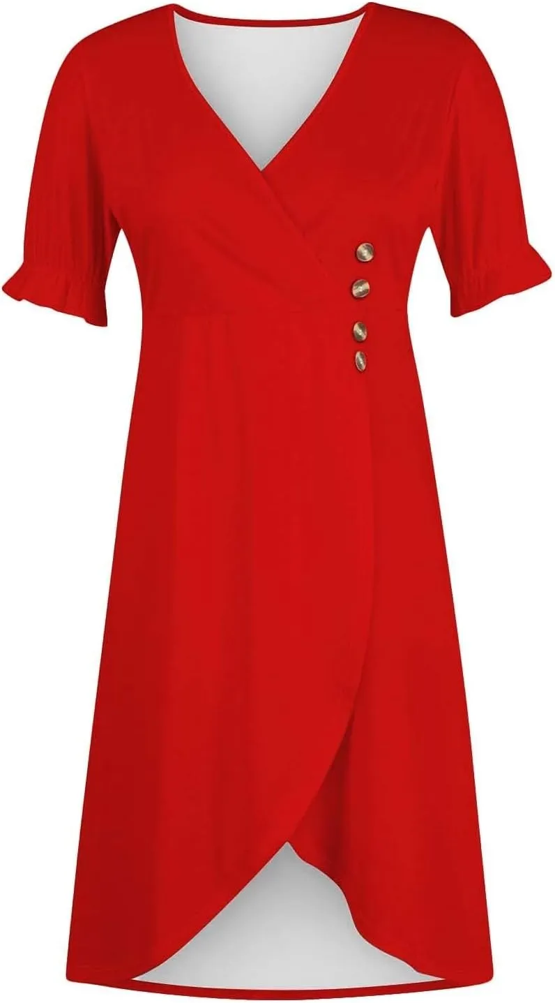Beach Dresses for Women 2025 Spring Trendy Floral Boho Elegant V Neck Short Sleeve Irregular Hem Midi Dress