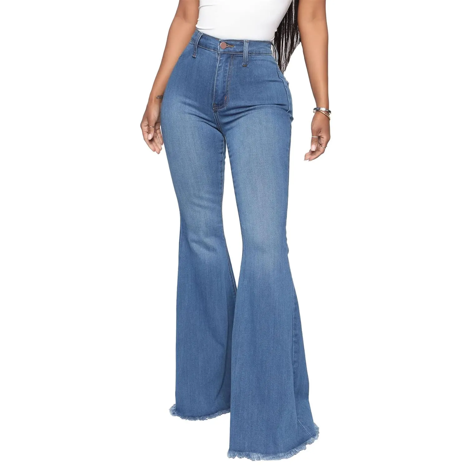 Bell Bottom Jeans for Women High Waisted Raw Hem Flared Jeans Stretch Slimming Wide Leg Flared Denim Pants (Medium,Blue)