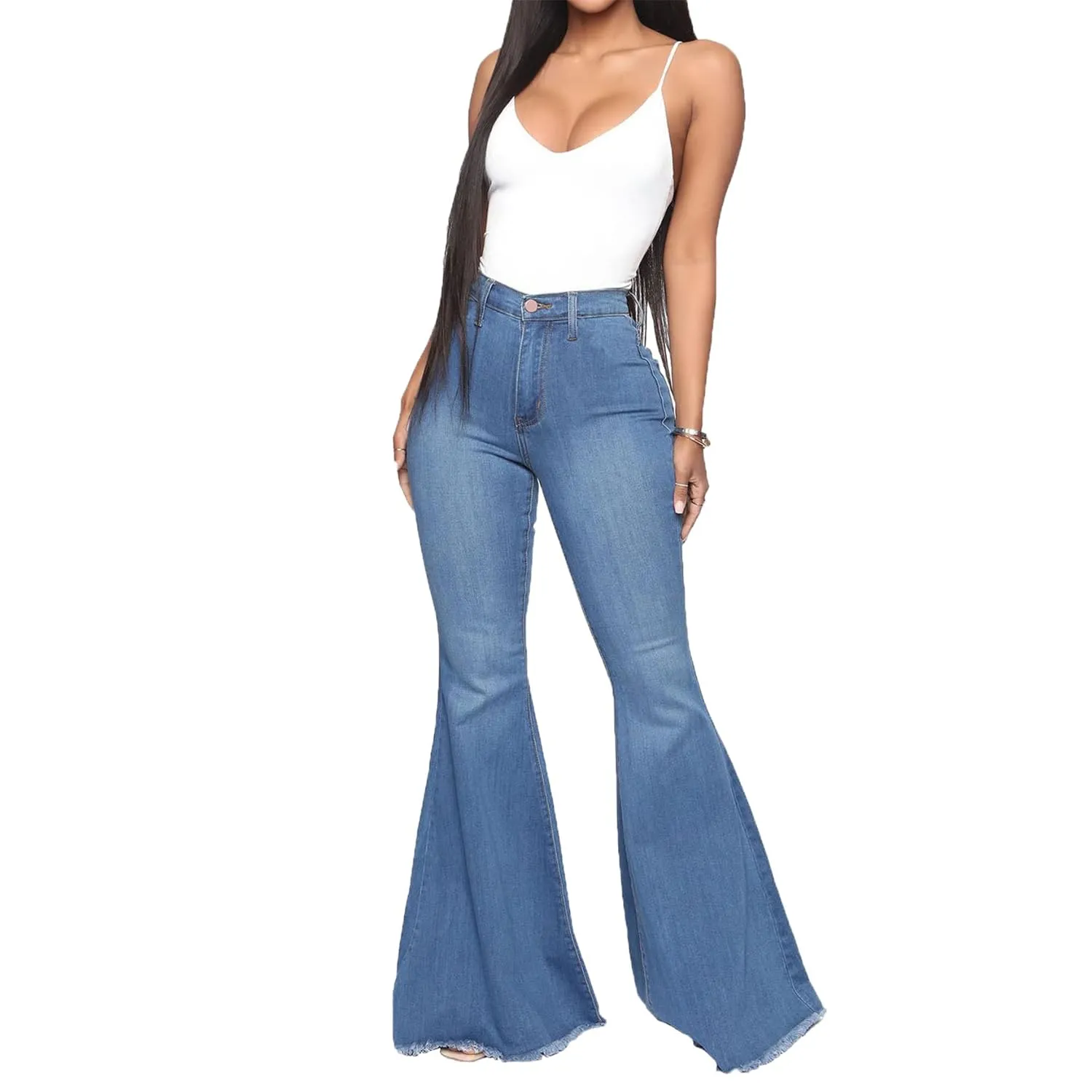 Bell Bottom Jeans for Women High Waisted Raw Hem Flared Jeans Stretch Slimming Wide Leg Flared Denim Pants (Medium,Blue)