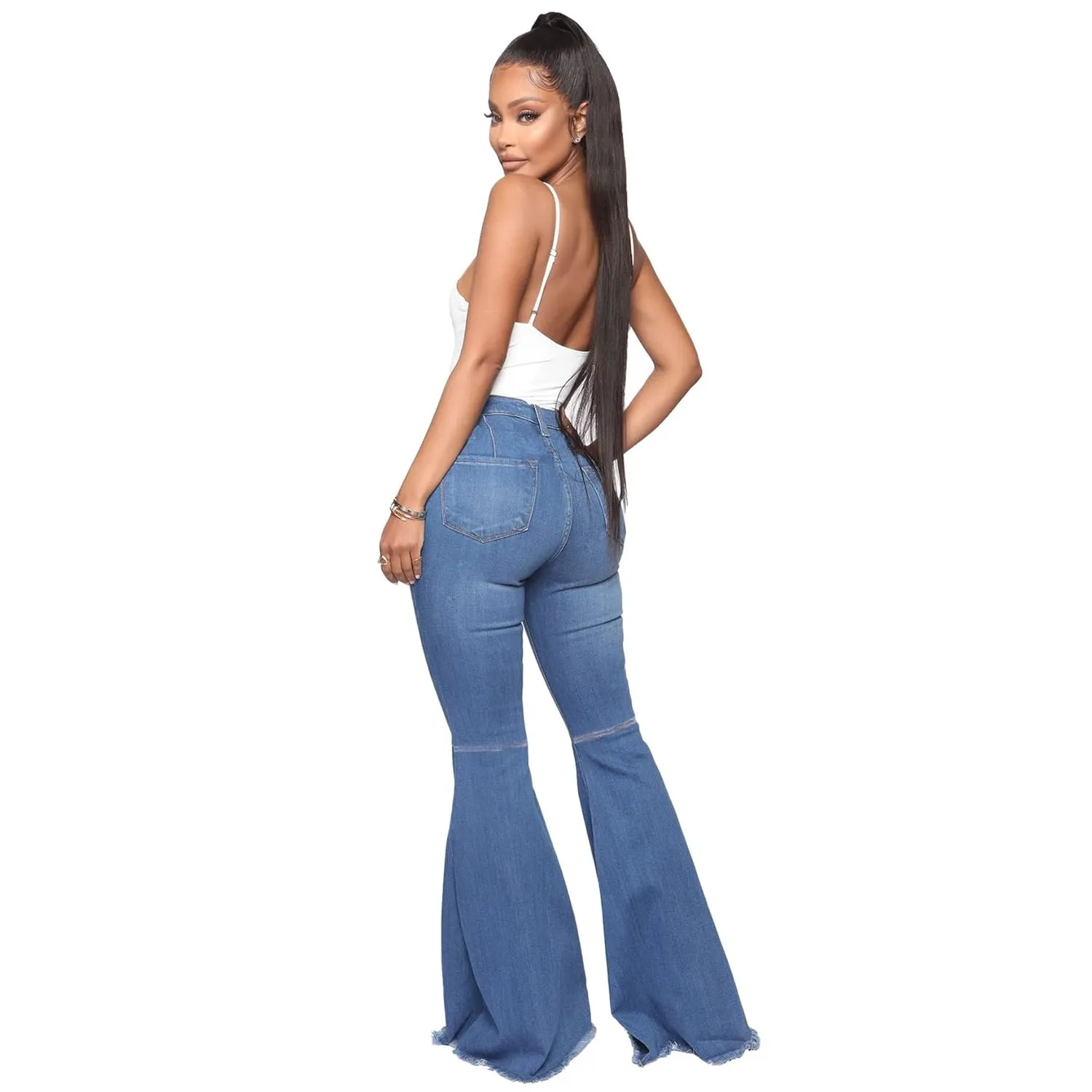 Bell Bottom Jeans for Women High Waisted Raw Hem Flared Jeans Stretch Slimming Wide Leg Flared Denim Pants (Medium,Blue)