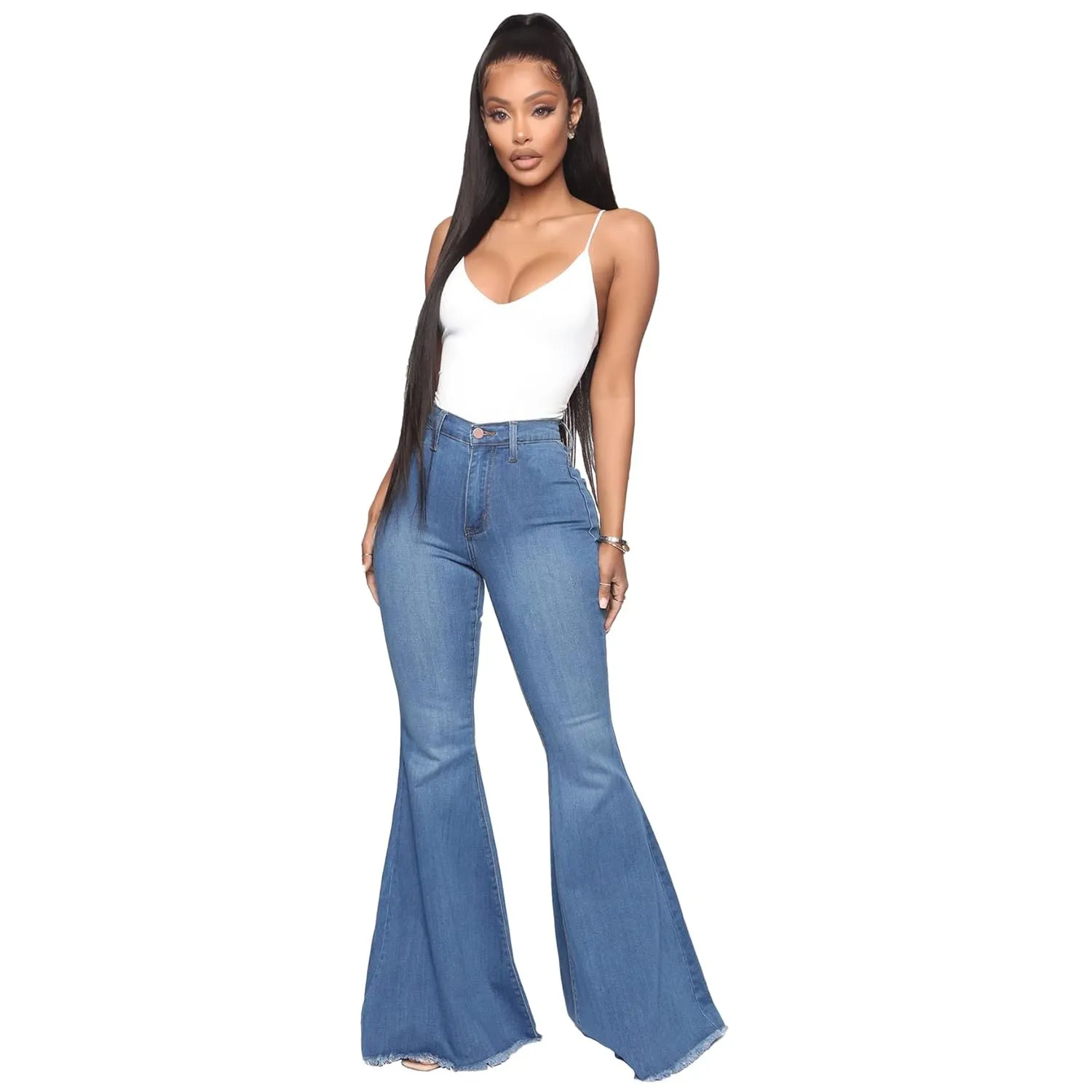 Bell Bottom Jeans for Women High Waisted Raw Hem Flared Jeans Stretch Slimming Wide Leg Flared Denim Pants (Medium,Blue)