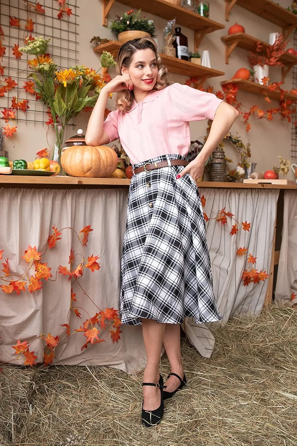 Belle Poque Women's Plaid A-line Skirt Vintage Pleated Flared Midi Skirts Fall Winter Skirts with Pockets & Belts