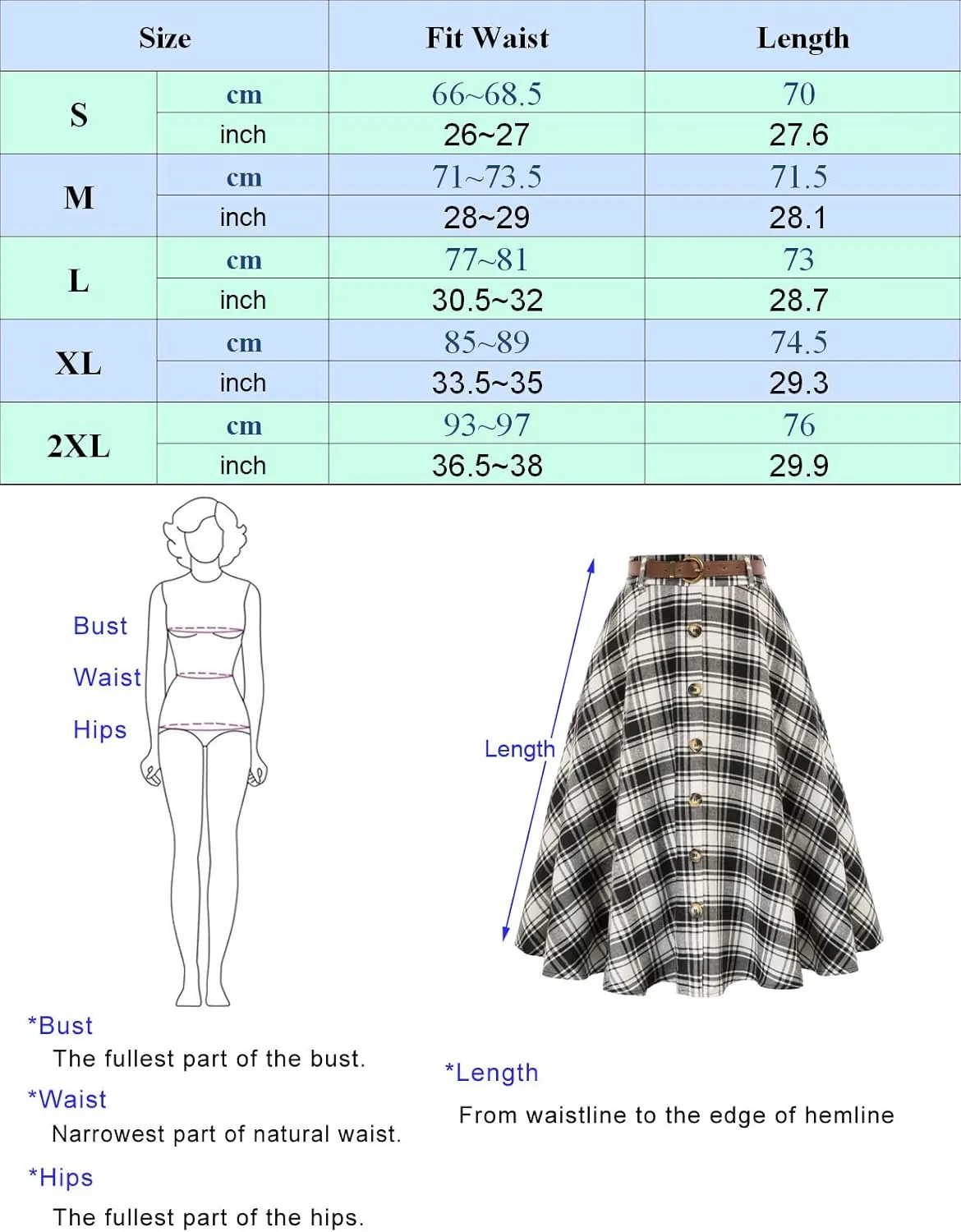 Belle Poque Women's Plaid A-line Skirt Vintage Pleated Flared Midi Skirts Fall Winter Skirts with Pockets & Belts