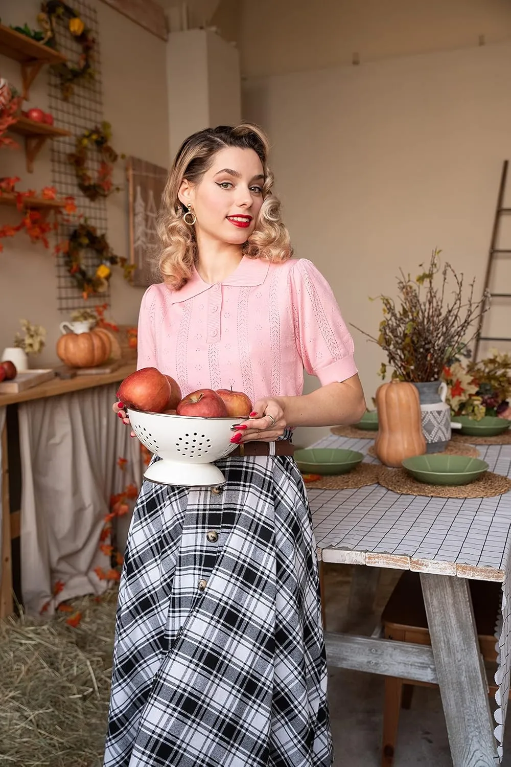 Belle Poque Women's Plaid A-line Skirt Vintage Pleated Flared Midi Skirts Fall Winter Skirts with Pockets & Belts