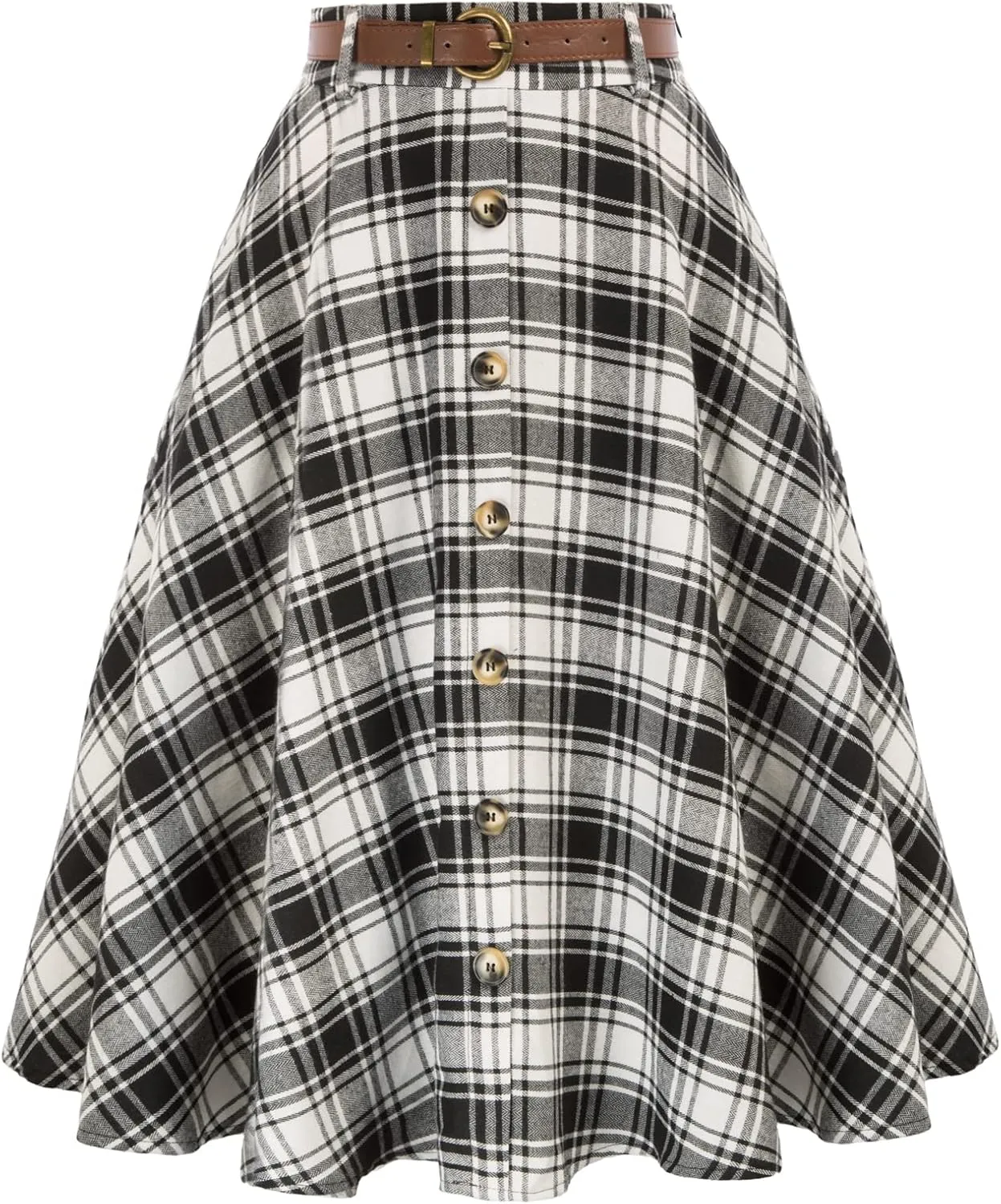 Belle Poque Women's Plaid A-line Skirt Vintage Pleated Flared Midi Skirts Fall Winter Skirts with Pockets & Belts