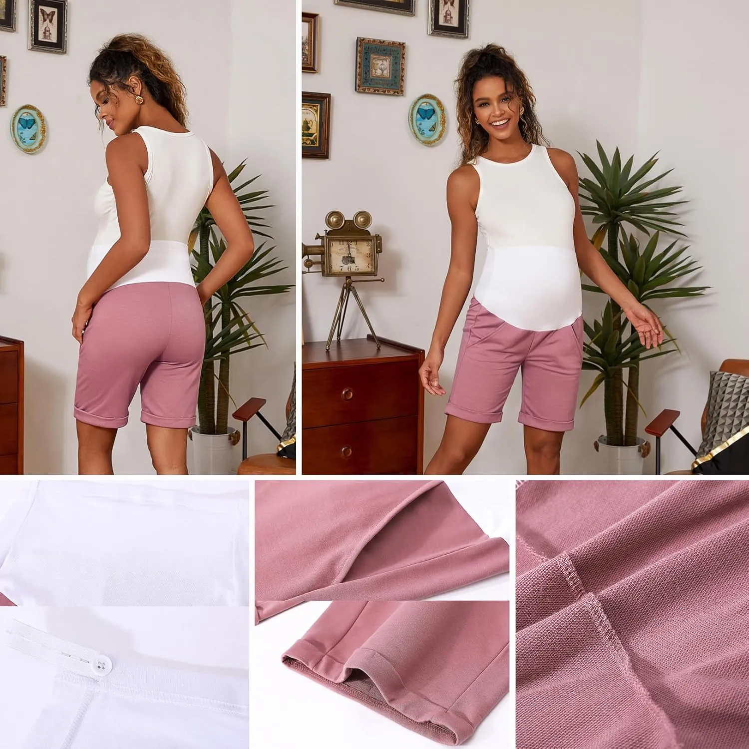 Bhome Maternity Bermuda Shorts Over The Belly Workout Loose Casual Pregnancy Pants with Pockets