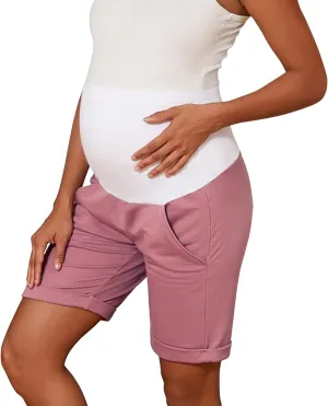 Bhome Maternity Bermuda Shorts Over The Belly Workout Loose Casual Pregnancy Pants with Pockets