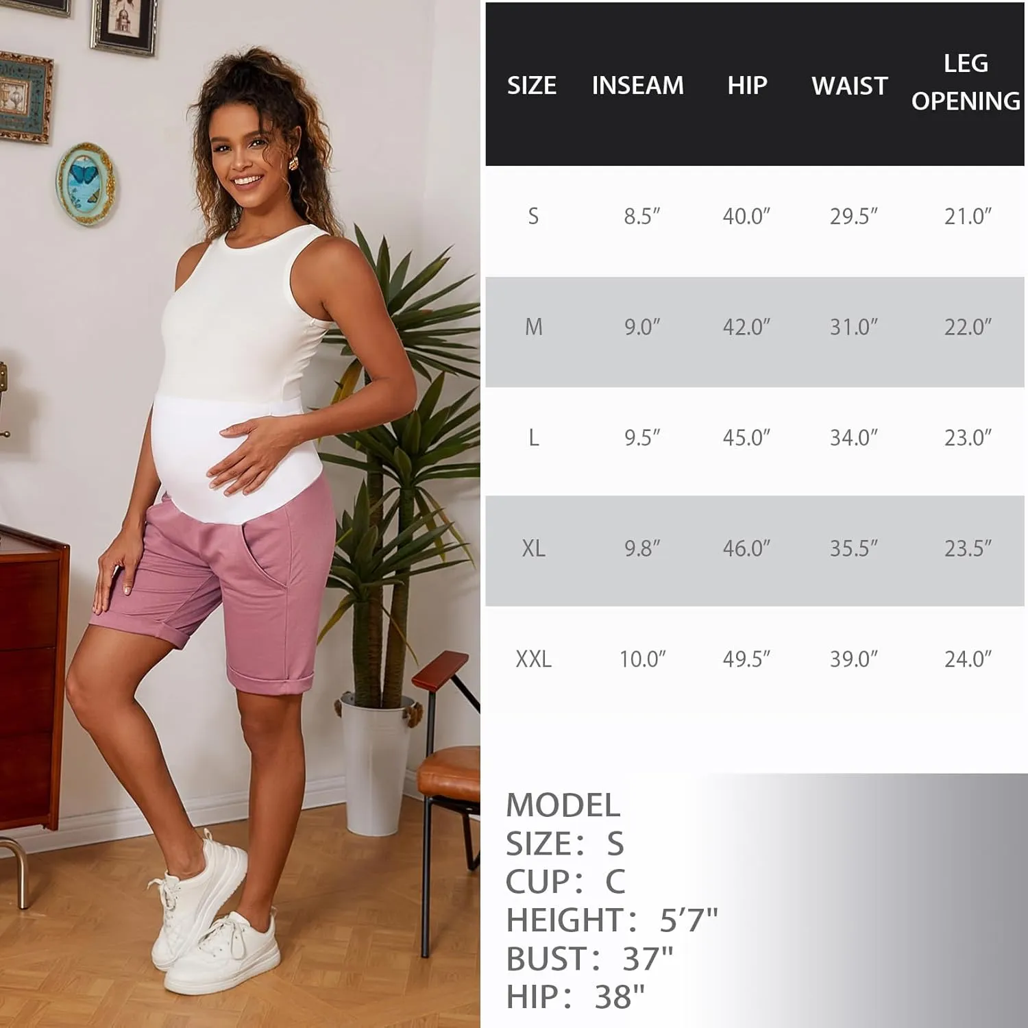 Bhome Maternity Bermuda Shorts Over The Belly Workout Loose Casual Pregnancy Pants with Pockets