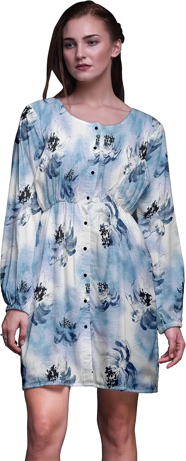Bimba Blue Camellia Kanjiro Watercolor Button Down Midi Shift Dress Women Shirt Summer Causal Tunic-XX-Large