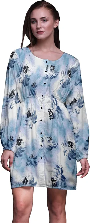 Bimba Blue Camellia Kanjiro Watercolor Button Down Midi Shift Dress Women Shirt Summer Causal Tunic-XX-Large