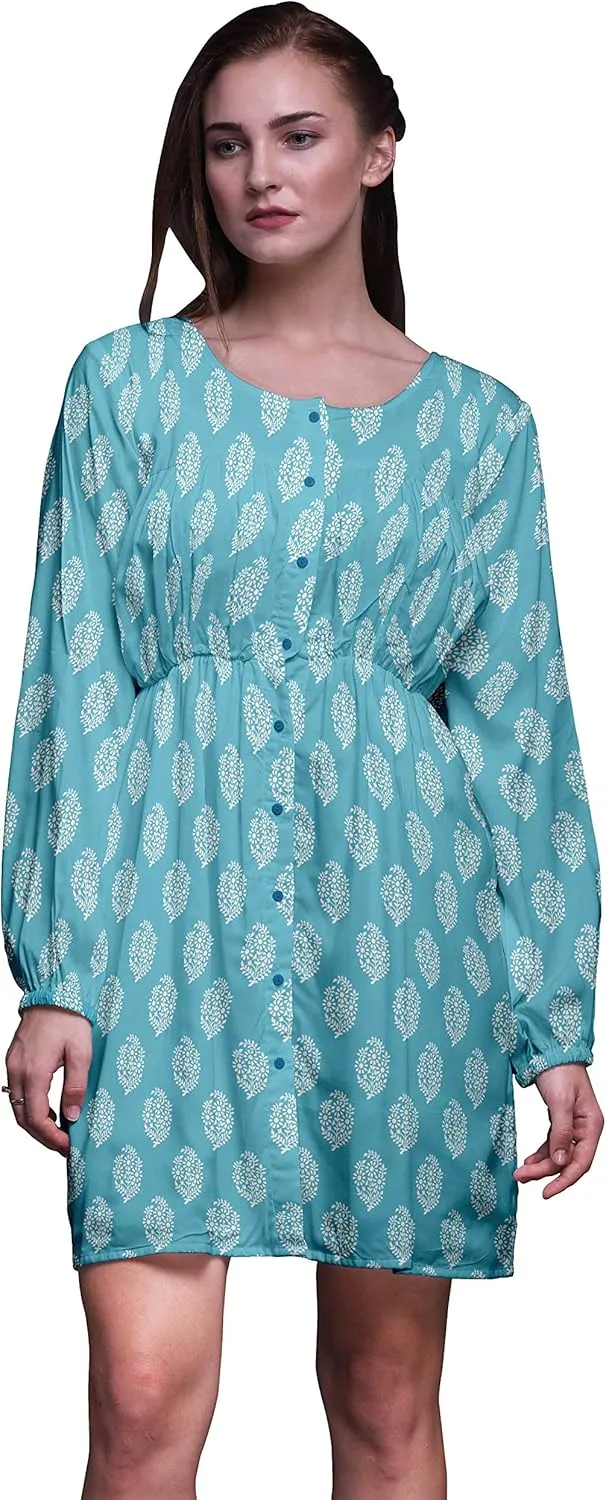 Bimba Blue Floral Block Button Down Midi Shift Dress Women Shirt Summer Causal Tunic-Small
