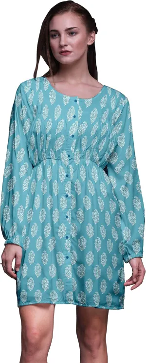 Bimba Blue Floral Block Button Down Midi Shift Dress Women Shirt Summer Causal Tunic-Small