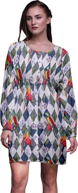 Bimba Purple Floral Tropical Bird Button Down Midi Shift Dress Women Shirt Summer Causal Tunic-Small