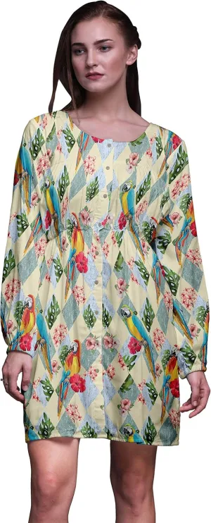 Bimba White Floral Tropical Bird Button Down Midi Shift Dress Women Shirt Summer Causal Tunic-Medium