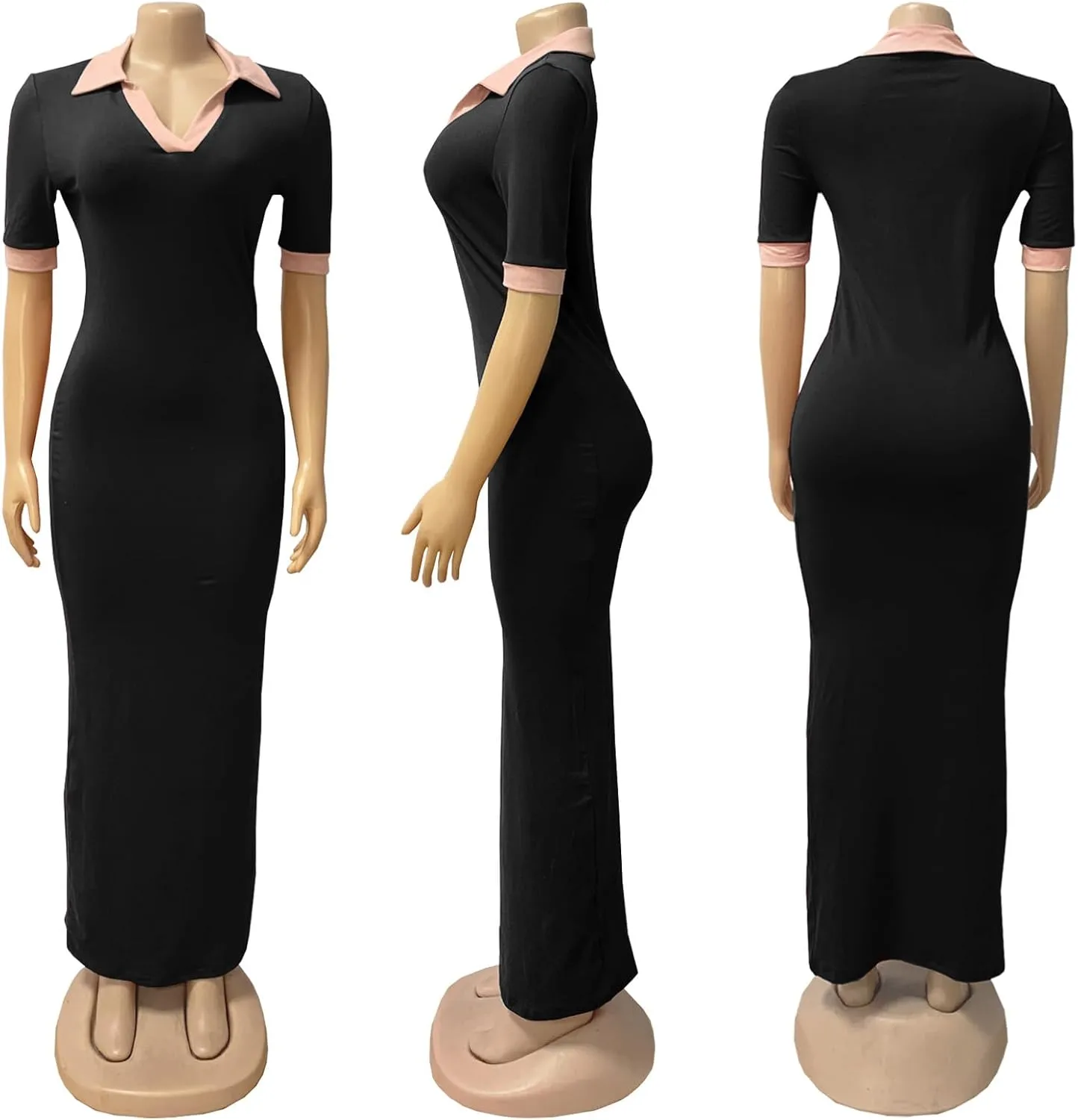 Bluewolfsea Women Summer Contrast Color V Neck Short Sleeve Bodycon Maxi Dress Lounge Long Party Dressess