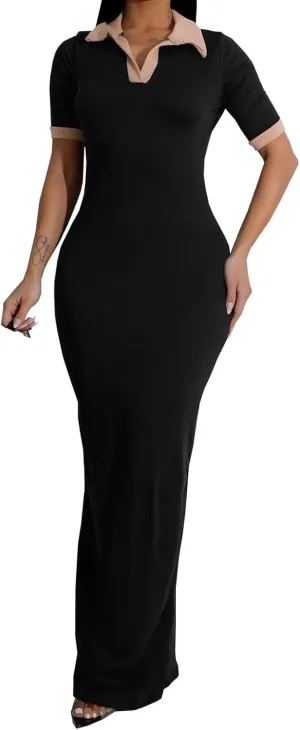 Bluewolfsea Women Summer Contrast Color V Neck Short Sleeve Bodycon Maxi Dress Lounge Long Party Dressess