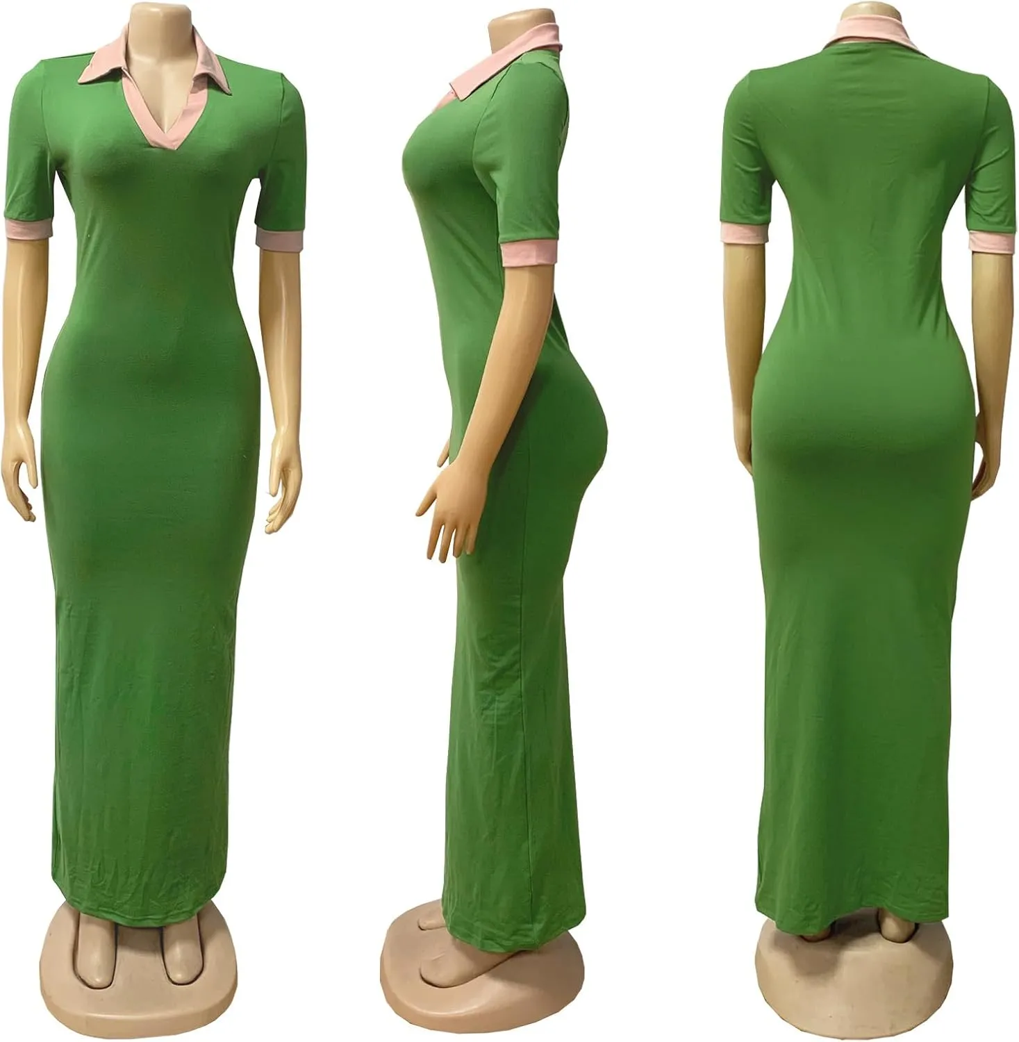 Bluewolfsea Women Summer Contrast Color V Neck Short Sleeve Bodycon Maxi Dress Lounge Long Party Dressess